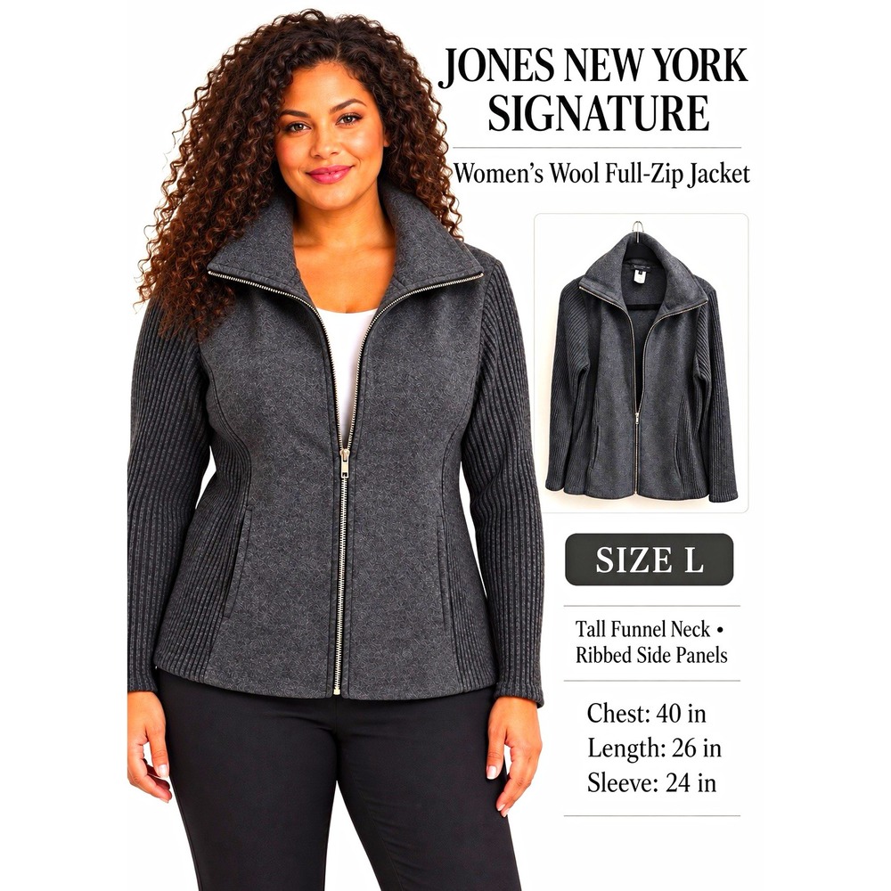 Jones New York Signature Women's Gray Wool Full Zip Funnel Neck Jacket Pockets L